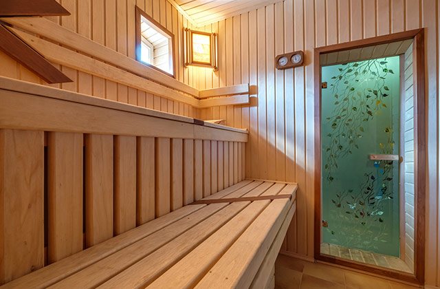 Ahşap sauna kabini ve cam kapı